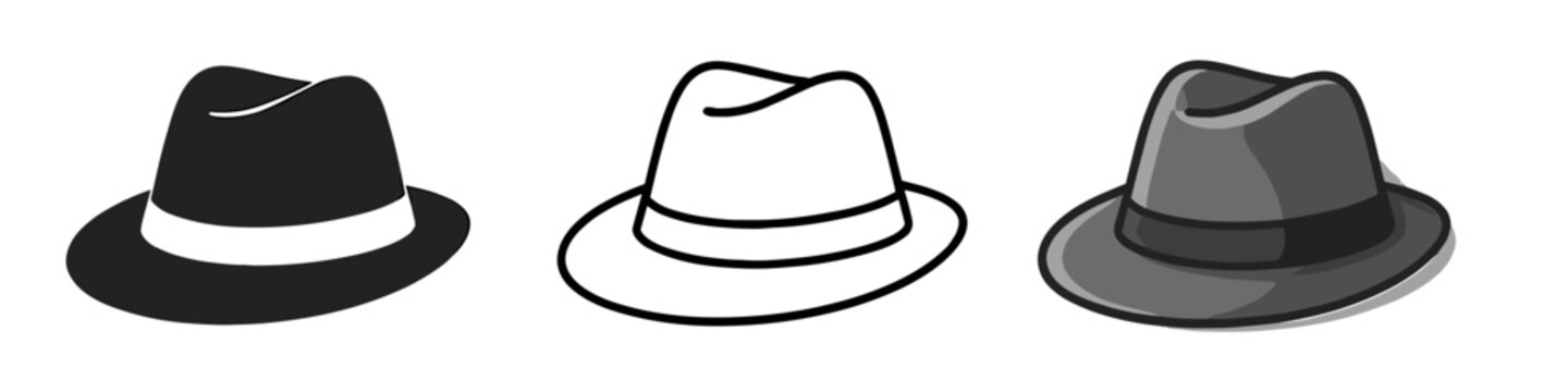Three different styles of fedora hats shown in black, outline, and grayscale