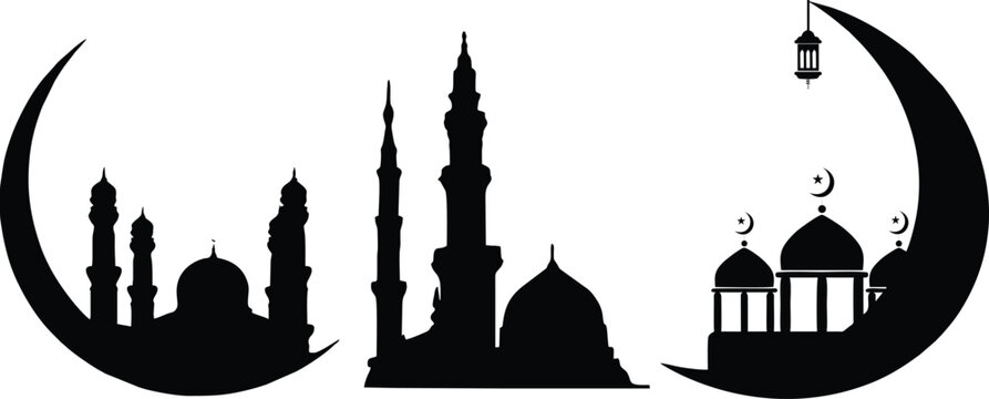 Islamic Mosque and Crescent Moon Silhouette Vector Set for Ramadan and Eid Design