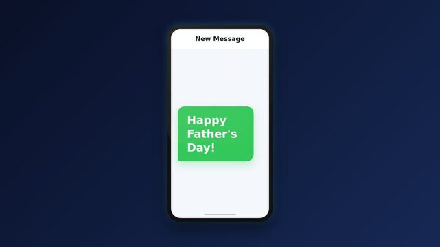 3D glowing smartphone scales up on a navy blue background. Happy Father's Day text message bubble pops up with an elastic bounce. Floating heart emojis burst outward and dissolve
