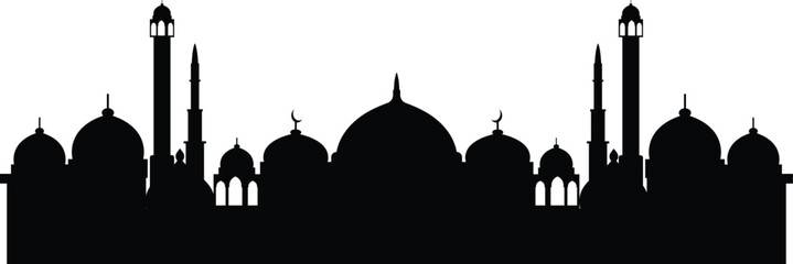 Islamic Mosque Skyline Silhouette Vector Illustration with Domes and Minarets © Pixora Creative