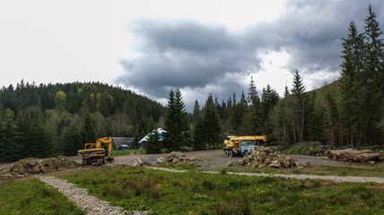 Construction site in a forest with heavy machinery and logs © shine.graphics
