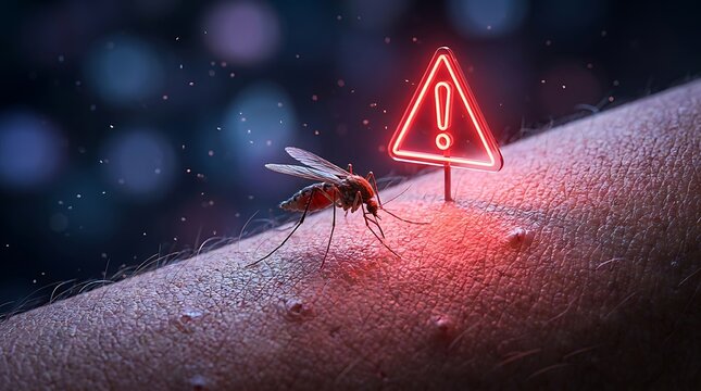 Mosquito feeding on human skin, biting with a red warning sign indicating danger of disease transmission and health alert