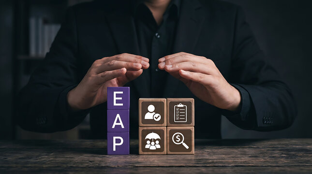EAP employee assistance program blocks and business man hands protective gesture