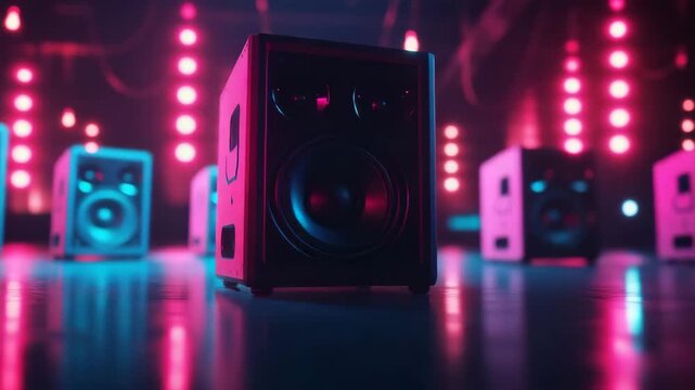 Colorful speakers illuminated with neon lights in a nightclub setting  