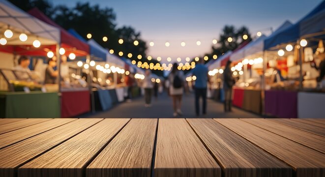 Outdoor Night Market with String Lights and Stalls.