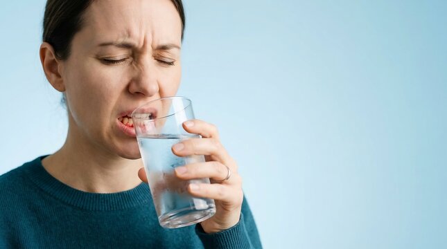 Adult woman wincing in pain while drinking cold water from a glass due to tooth sensitivity