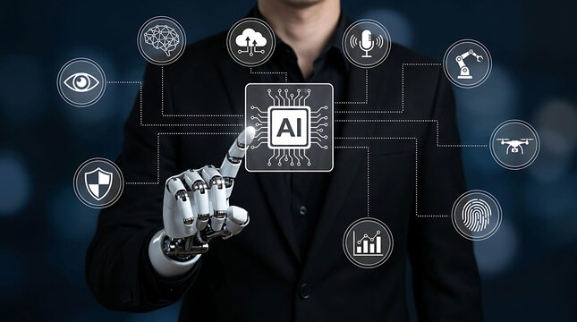 Robot hand touching AI chip icon on virtual screen machine learning concept