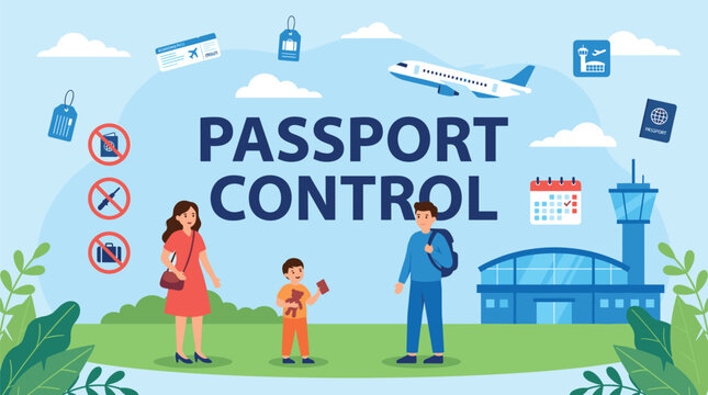 Passport control and airport security checkpoint illustration with immigration officer traveler documents and international travel concept