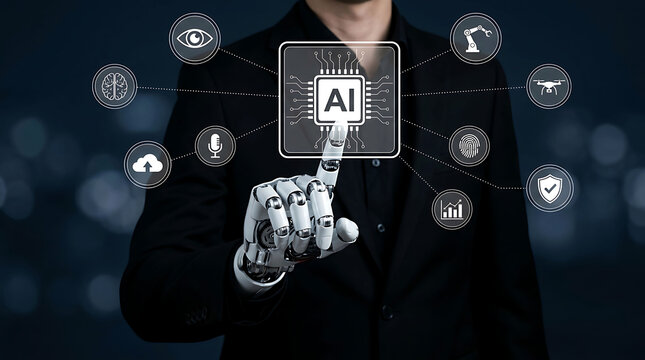 Robot hand touching AI chip icon on virtual screen machine learning concept