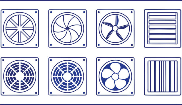 Isometric hvac ventilation fan and air duct system blue and gray color scheme