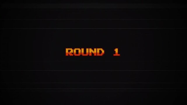 8-Bit Round 1 Retro Game Text Animation on CRT Screen, Vintage Arcade Glitch Effect, VHS Static, Pixel Art Background, Gaming Level Start Intro, Nostalgic Arcade Style 4k video
