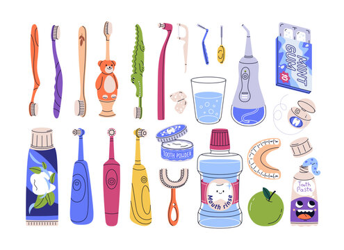 Dental oral hygiene tools set. Toothpaste, toothbrush, floss, paste, electric brush and mouthwash. Accessories for mouth cleaning and teeth care. Flat vector illustration isolated on white background