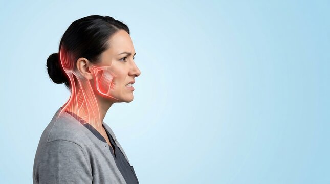 Adult woman in profile experiencing neck and jaw pain with red anatomical highlight on muscles and joints