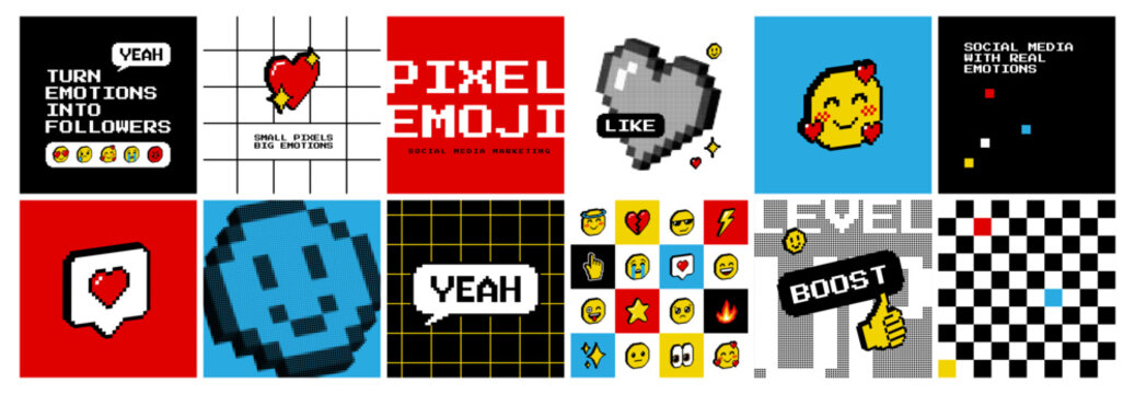 Pixel y2k 3d isometric emoji poster set. Hearts happy sad crying love angry faces speech bubble fire kiss sparkle star etc. Social media cards posts and chat elements. 8 bit retro game trendy style.