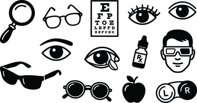 Optometry icons and symbols black silhouettes on white background