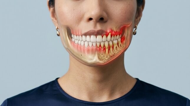 Anatomical visualization of human jaw and teeth showing the difference between healthy gums and severe periodontitis inflammation