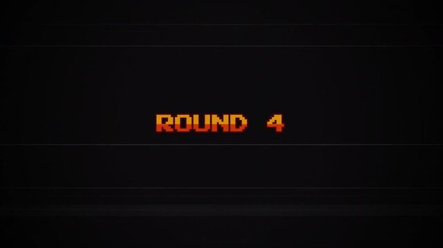 Retro 8-bit Round 4 Text Animation with Glitch Effect, Vintage Arcade Game Screen, VHS Interference, Pixelated Gaming Aesthetic, CRT Scanlines 4k video