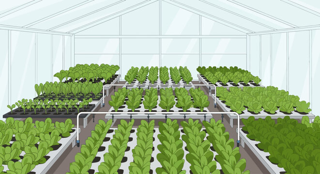Greenhouse farming illustration featuring rows of healthy, green plants growing in a hydroponic system under a clear roof