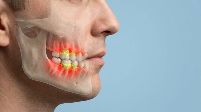 Profile view of a man's face with a medical overlay of the jawbone showing dental inflammation and tooth decay