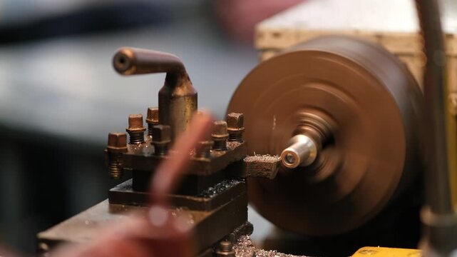 A close-up of a metalworking machine with a spinning metal disc and a metal tool
