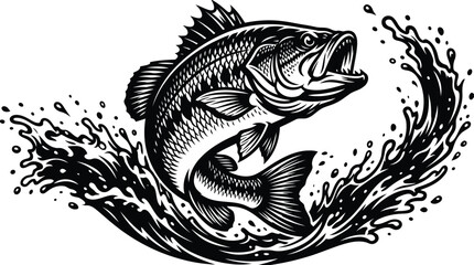 Vintage engraving of largemouth bass leaping from water splash © Shohag