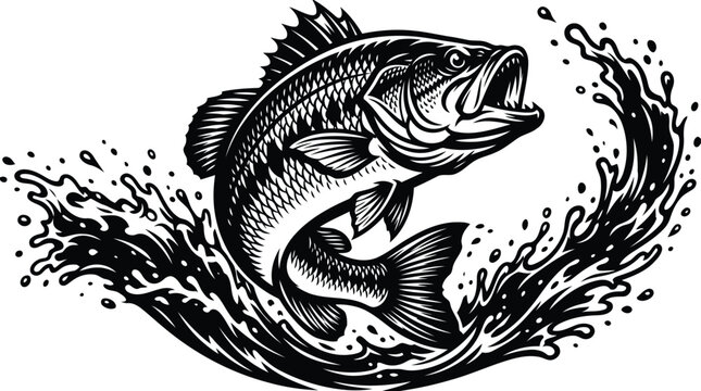 Vintage engraving of largemouth bass leaping from water splash
