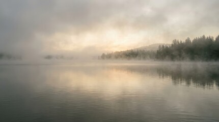 Fototapeta premium Misty morning sunrise over a tranquil lake surrounded by trees