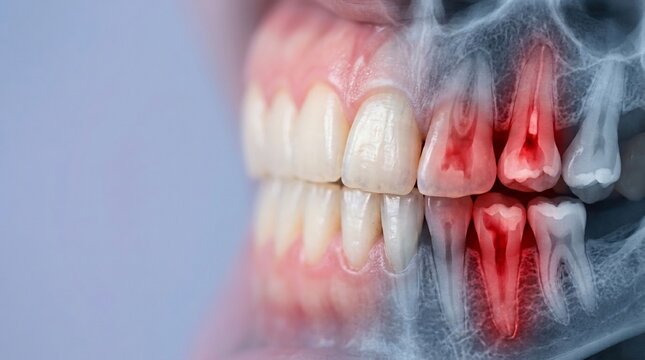 Medical illustration of human teeth with dental X-ray overlay showing inflammation and pain highlighted in red