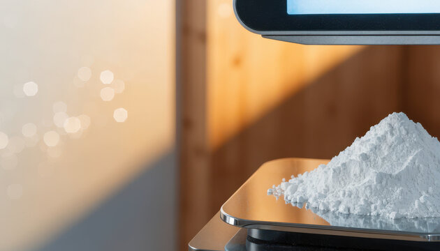 White powder heap on digital kitchen scale in warm natural light, soft bokeh and wooden background