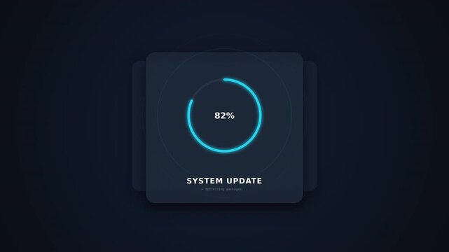 A sleek digital interface displays a circular progress bar, indicating a system update with a dark background and glowing blue accents