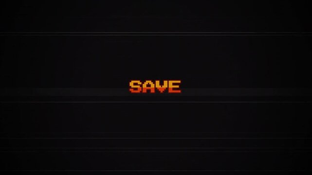 Retro 8-Bit SAVE Text Animation with Glitch Effect, Vintage Arcade Game Interface, VHS CRT Scanline Distortion, Pixel Art Gaming Aesthetic, Old TV Interference Background 4k video