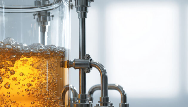 Amber liquid bubbling in glass fermentation tank with stainless steel brewery piping and valves
