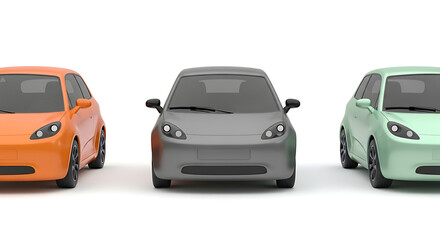 Fototapeta premium Three modern compact cars in different colors parked in a row with automobile transport transportation automotive mobility purchase technology