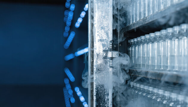 Frozen laboratory vials in cold storage with vapor and blue lights