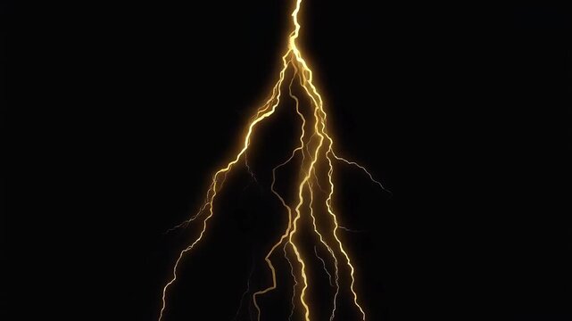 Intense yellow lightning strike flashing with powerful electric current against a dark background for cinematic visual effects motion sequence
