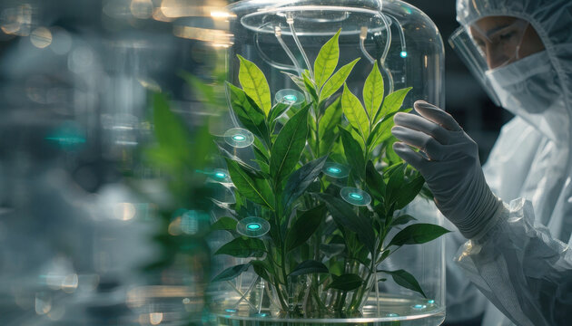 Young botanist in protective suit examining bioengineered plant under glass dome with glowing sensors