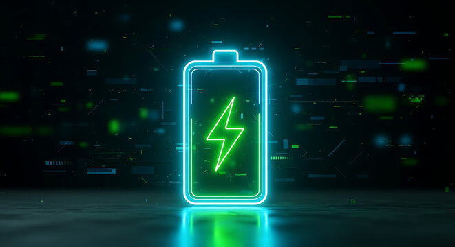 Neon glowing battery icon symbolizing high energy efficiency and power with electric recharge capacity technology efficiency electrical innovation industry abstract