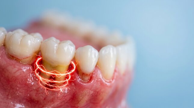 3D render of a human tooth with red glowing rings symbolizing dental pain and sensitivity in the gums