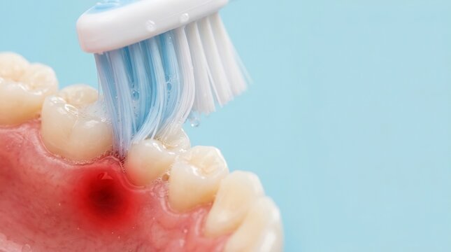 Detailed 3D render of a toothbrush cleaning teeth and gums with red inflammation indicating gingivitis