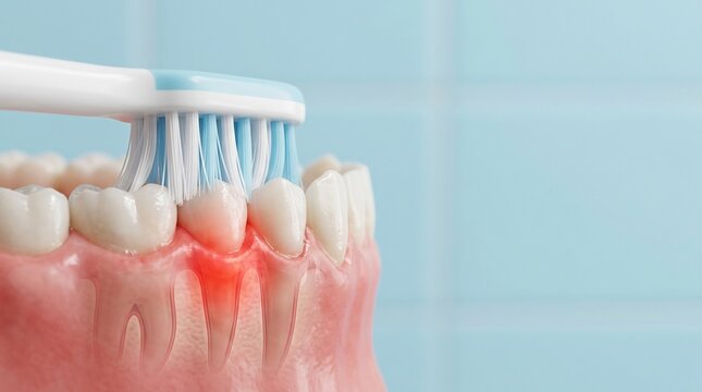 3D render of a toothbrush cleaning white teeth and gums with a red highlighted area indicating inflammation and dental sensitivity