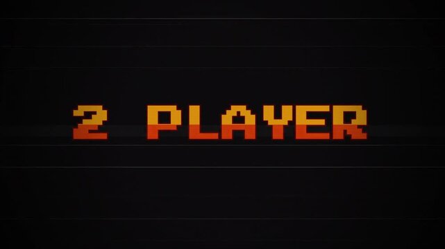 Retro 2 PLAYER 8-bit Text Animation with Glitch Effect, Vintage Arcade Game Screen, Old TV VHS Interference, Pixel Art Multiplayer Concept, CRT Scanlines 4k video