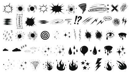 Naklejka premium Collection of black and white hand drawn comic book effects and symbols