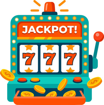 Brightly colored slot machine illustration depicting a thrilling jackpot payout with lucky sevens and gold coins, ideal for themes of winning, fortune, and entertainment