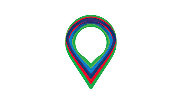 Geometric pin shape with layered curves of green, red, blue, and dark blue