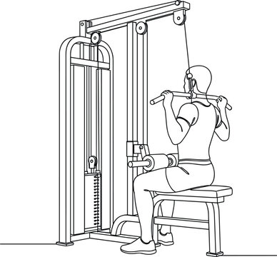 Minimal lat pulldown machine workout illustration featuring seated athlete exercising in modern gym equipment outline style