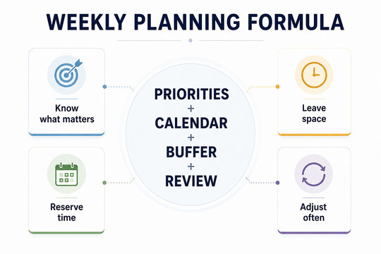A diagram illustrates the Weekly Planning Formula, detailing steps like knowing priorities, using a calendar and buffer, reserving time, and reviewing to adjust often.