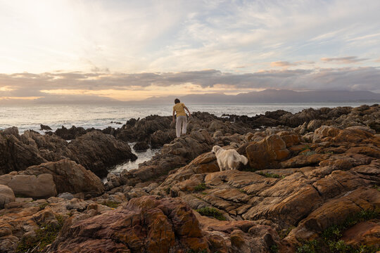 young boy and his golden retriever, exploring  rocky coastline of DeKelders, Gansbaai, South Africa
