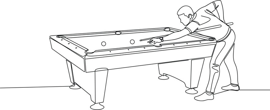 Modern billiards player aiming precise pool shot on professional snooker table in minimalist vector line illustration