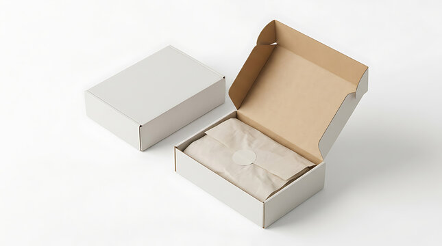 Minimalist white cardboard shipping boxes on a plain background with one open box revealing wrapped contents and a circular sticker