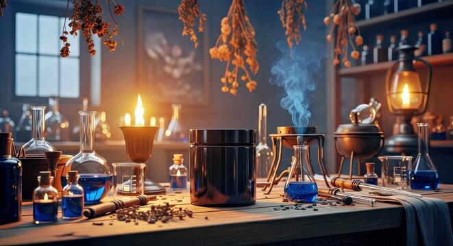 Alchemy Lab Setup With Blue Elixirs Dried Herbs and Vintage Apothecary Tools on Weathered Wood Table